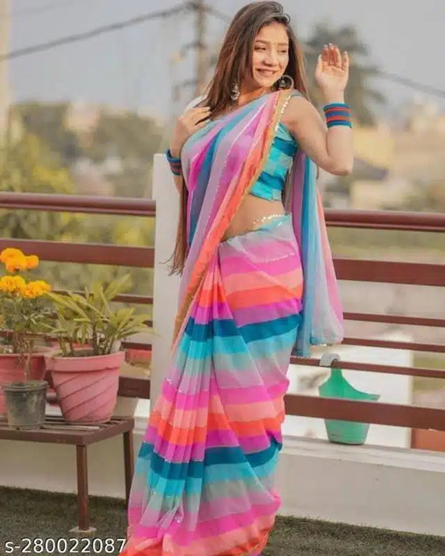 Georgette Colorblocked Saree for Women (Multicolor, 6.3 m)