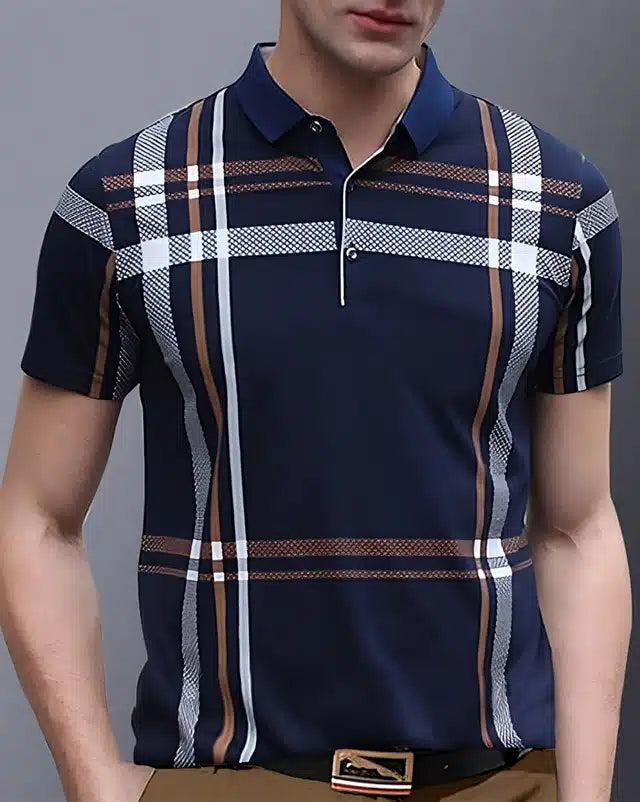 Polo Neck Printed T-Shirt for Men (Blue, S)