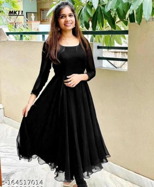 Georgette Solid Anarkali Kurti for Women (Black, M)