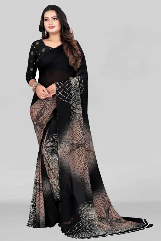 Georgette Printed Saree for Women (Black, 5.95 m)